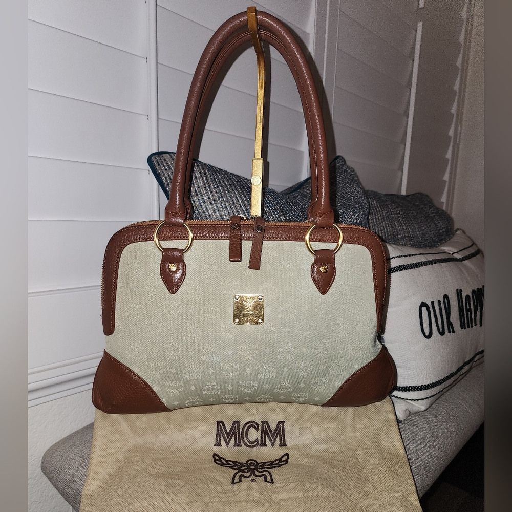 MCM Vintage brown& neutral pastel green/mint green, Leather Trim Satchel Handbag